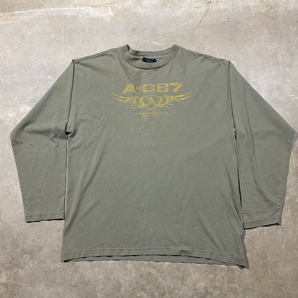 Aeropostale A-087 Long Sleeve Graphic Shirt XL Army Green Y2K